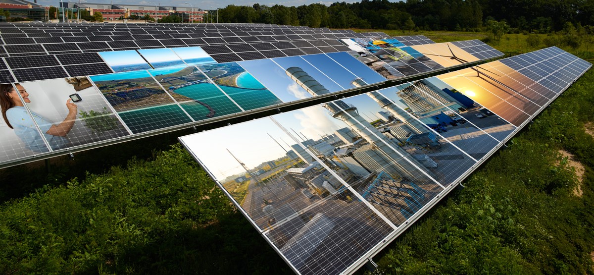 solar panel field with images of consumers energy green sites